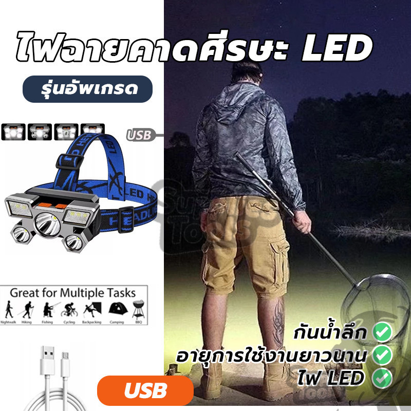 ไ ไฟฉายกันน้ำ ไฟฉายคาดหัว ไฟฉายกันน้ำ ชาร์จ USB แบบพกพา แสงปรับได้4ระดับ