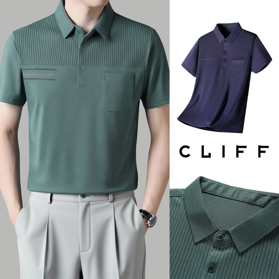 CLIff แขนสั้นชายวัยกลางคน  เสื้อคอปก  ผ้าไอซ์ซิลซ์  คลาสสิกแมทช์ลุคง่าย  บ้าน