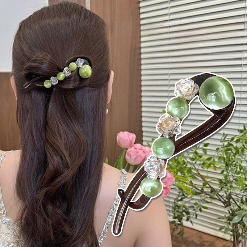 คลิปติดผมรูปดอกกุหลาบสำหรับผู้หญิงที่มีผมน้อย พร้อมลูกปัดหนึ่งคำและแผ่นดิสก์ผม