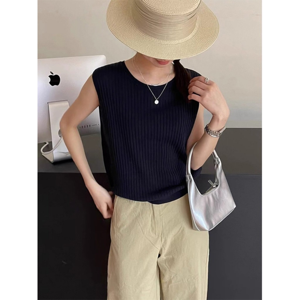 Gakki เสื้อกล้ามแขนกุดผู้หญิง แบบกลวง ใส่กลับด้านได้ เสื้อกั๊กสเวตเตอร์ผ้าไหมน้ำแข็งพร้อมส่ง 2119#