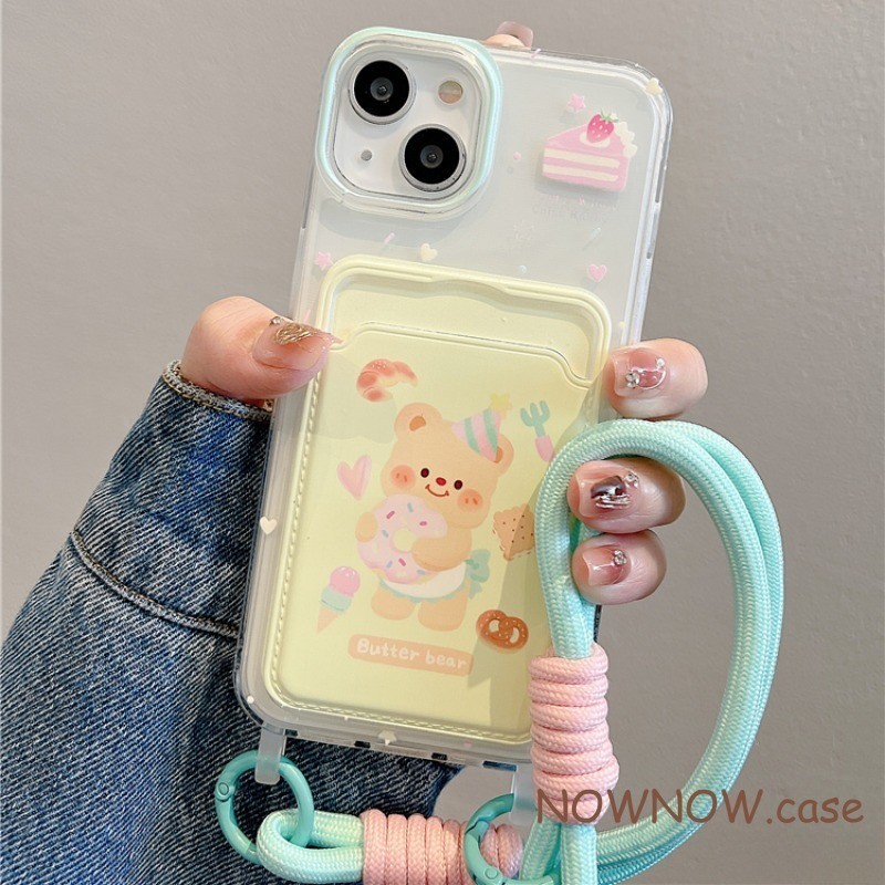 สําหรับiphone 15 14 13 12 11 Pro Max X Xr XS Max 7 8 Plusการ์ตูนน่ารักเนยหมีกระเป๋าบัตรเคสโทรศัพท์พร้อมเชือกแขวนและฝาครอบป้องกันการตก