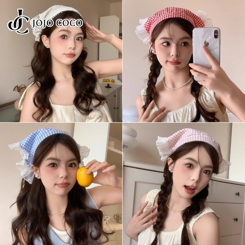 โจโจ้ โกโก้ 2024 สาวลูกไม้สามเหลี่ยมคาดศีรษะหญิงลูกไม้สีขาวตารางผ้าพันคอฝรั่งเศส