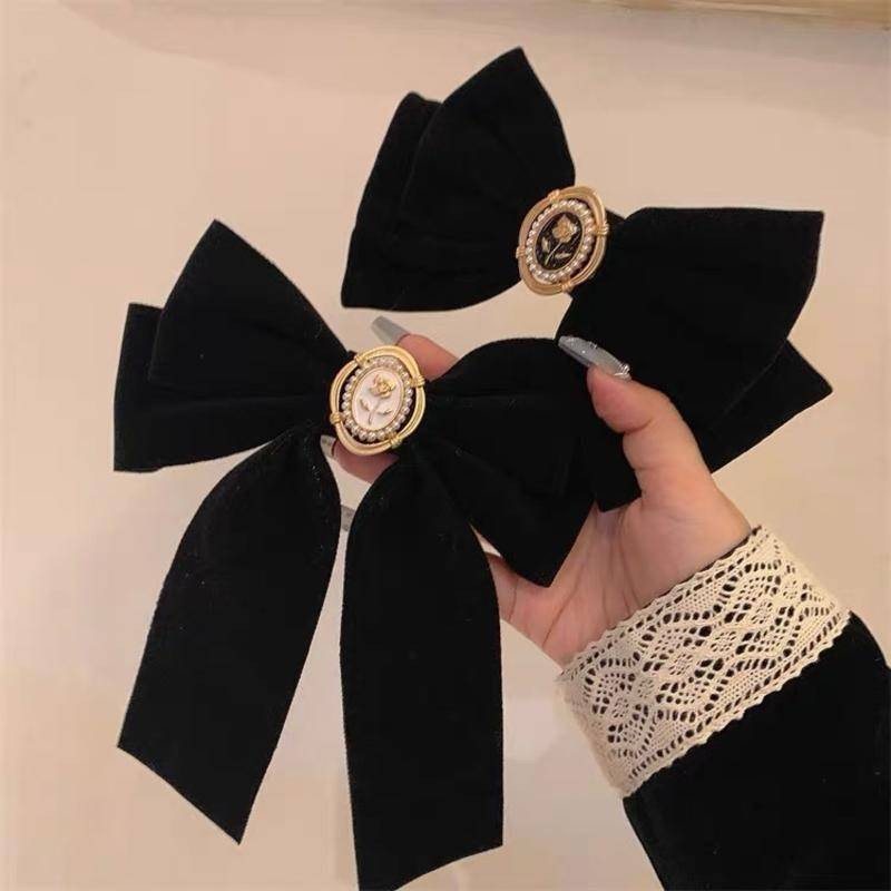 Retro กํามะหยี่สีดําโบว์กิ๊บหญิงกลับหัวกิ๊บ High-End ฤดูใบไม้ผลิคลิป Headdress