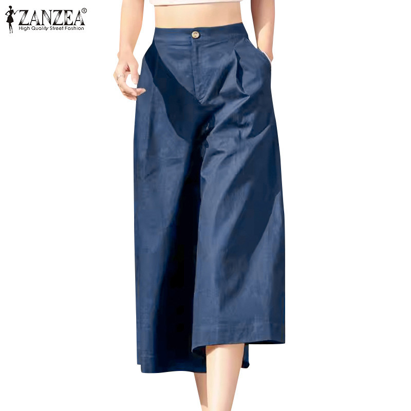 ZANZEA ใส่ ซานเซีย ผู้หญิงเกาหลีสบายๆสีทึบหลวมขากว้างตัดกางเกง