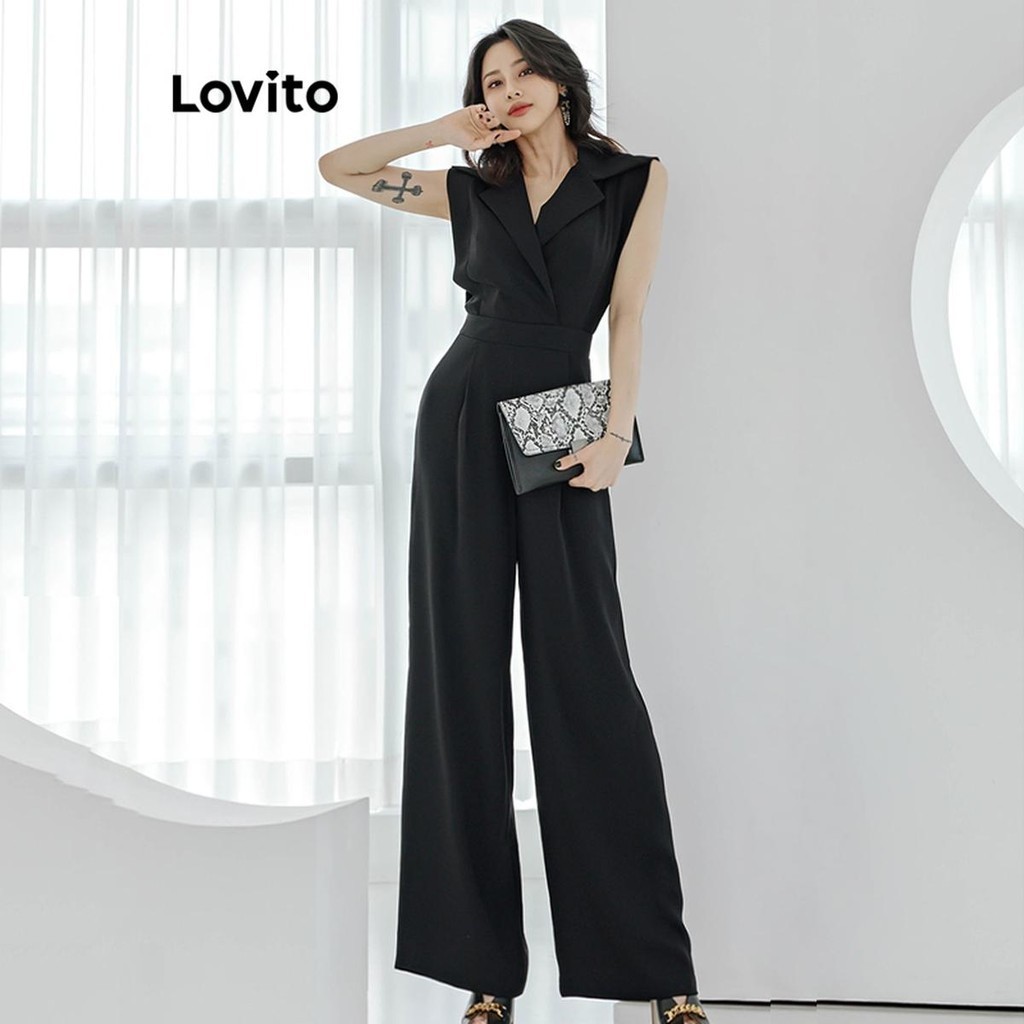 Lovito จั๊มสูทผู้หญิง คัทเอ้าท์ สีพื้น สไตล์ลำลอง LNE57247