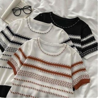 T-shirt Striped Knitted Tops for Women Short-sleeved Korean Style Fashion Loose Contrast Color#F1102