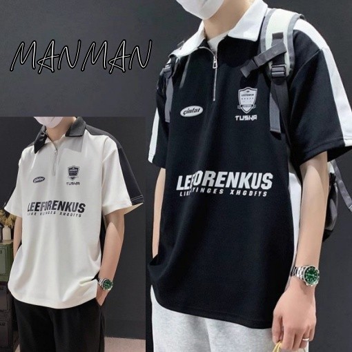 MANMAN เสื้อโปโลผู้ชาย คอปกแขนสั้นสีตัดกัน ปกเสื้อมีซิปออกแบบ ใส่ได้ทั้งชายและหญิง สไตล์อเมริกัน