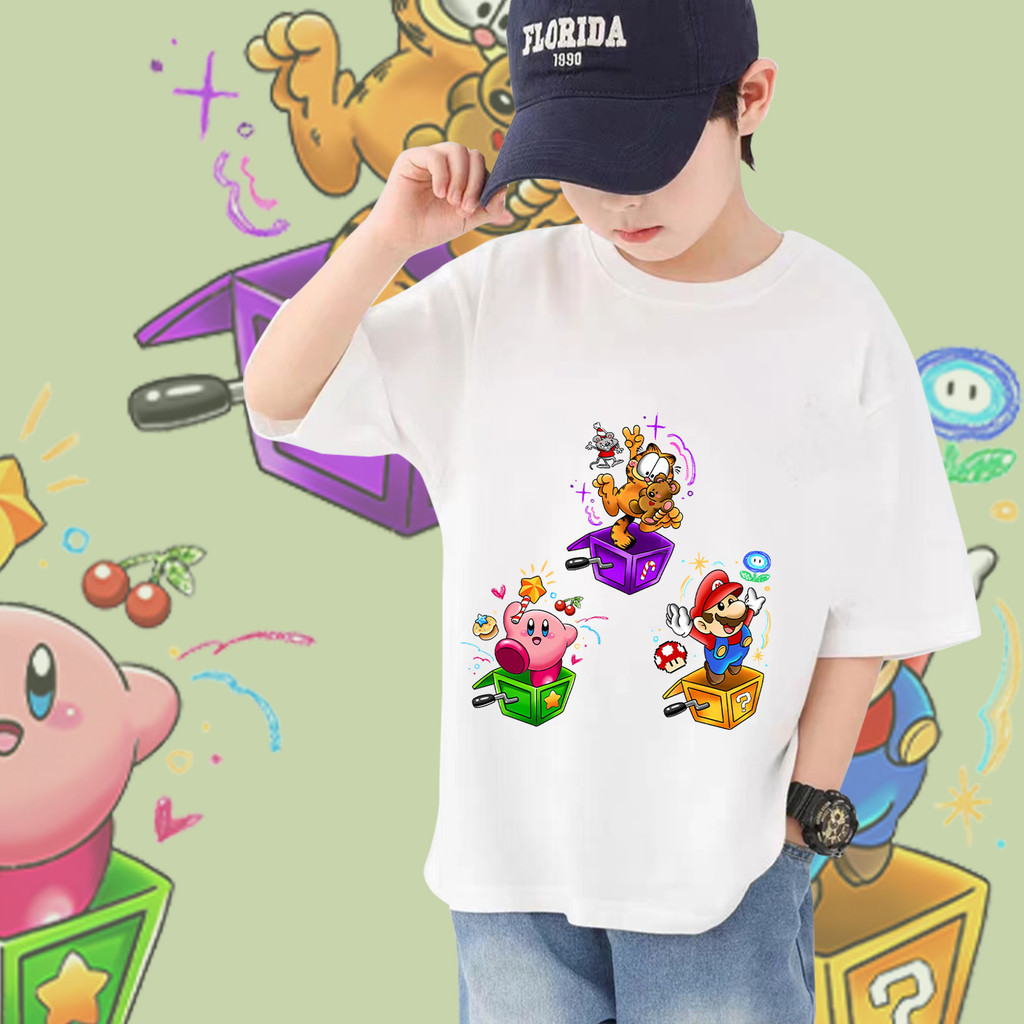 เสื้อยืดเด็ก INS Kirby's Dream Game 03 เสื้อยืดเด็กน่ารัก Kirby เด็กชายและเด็กหญิงสามารถสวมเสื้อยืดแ