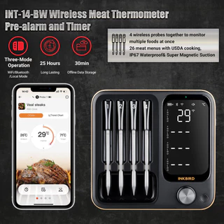 Inkbird INT-14-BW เครื่องวัดอุณหภูมิเนื้อไร้สาย 4-Probe WiFi บลูทูธจับเวลาเครื่องวัดอุณหภูมิบาร์บีคิว