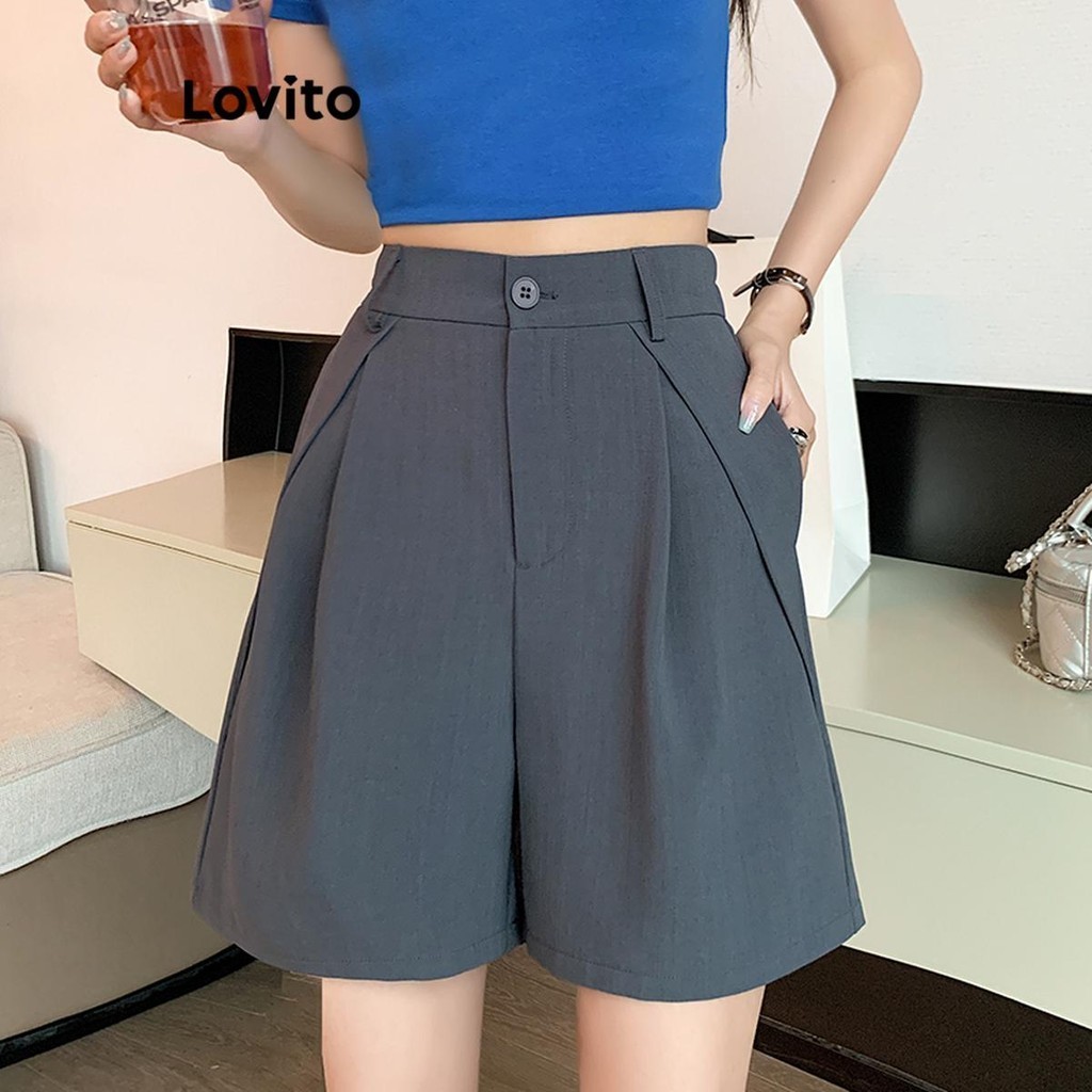 Lovito กางเกงขาสั้นผู้หญิง สีพื้น มีกระเป๋า สไตล์ลำลอง LNA59330