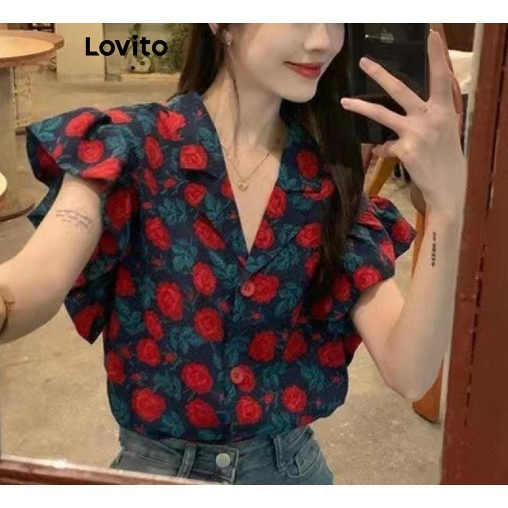 Lovito เสื้อเบลาส์ผู้หญิง ลายดอกไม้ สไตล์ลำลอง LNE58057