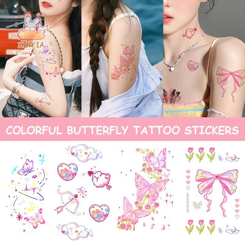 สติกเกอร์รอยสักชั่วคราว ลายผีเสื้อ กันน้ํา สีสันสดใส สําหรับตกแต่งร่างกาย ไหล่ คอ แขน 1 แผ่นขายส่งxinyia.th