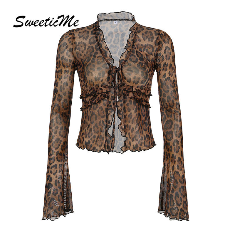 Sweeticme ผู้หญิง 2024 ใหม่แฟชั่นเสือดาวพิมพ์ตาข่ายเซ็กซี่ดูผ่าน Flared เสื้อแขนยาว