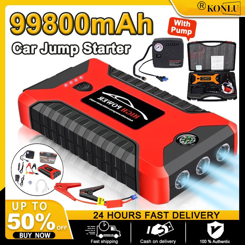 ZK [พร้อมปั้มลม] KONLU จั๊มสตาร์ทรถ 12v 99800MAH จั้มสตาร์ท พกพา jump start รถยนต์