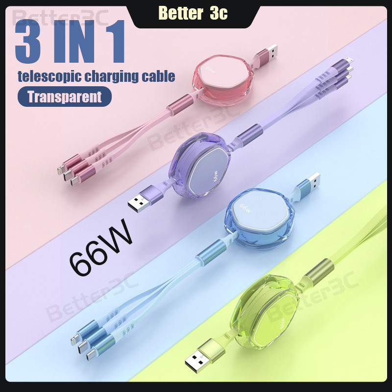 66w Super Fast สายชาร์จ 3 In 1 หกเหลี่ยมโปร่งใส Telescopic สายชาร์จ 6A USB อัตโนมัติ Telescopic Data Line สําหรับ ios Type C Micro