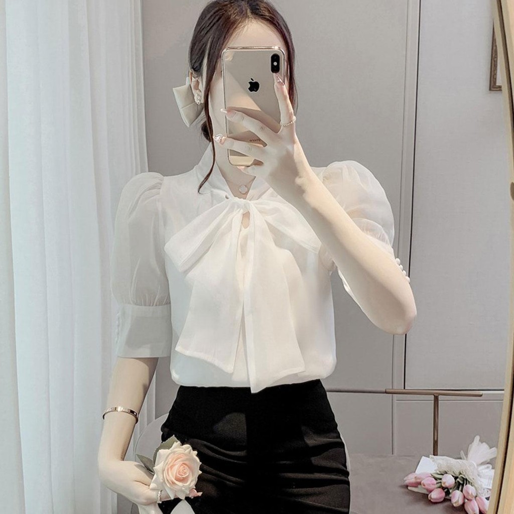Dahong 💖w335เสื้อเชิ้ตสไตล์เกาหลี เสื้อทำงานผู้หญิงโบว์ใหญ่ เสื้อทำงานผู้หญิงแขนสั้น เนื้อผ้าเกาหลี