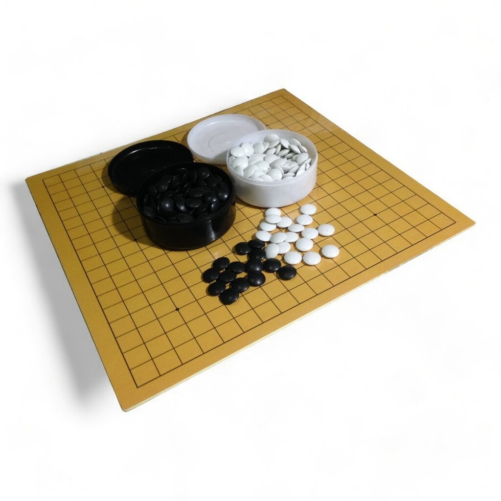 ชุดกระดานหมากล้อมไม้บาง0.3 cm.19x19เส้นและกระดานหมากรุกจีนพร้อมเม็ดหมากพลาสติกเม็ดนูนสองด้านแบบญี่ปุ่น