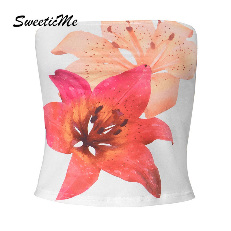 Sweeticme ผู้หญิง 2024 ใหม่แฟชั่นดอกไม้พิมพ์ Slim Fit All Match Tube Tops