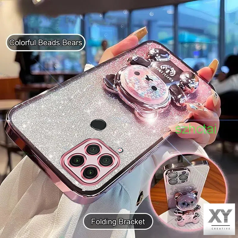 เคสโทรศัพท์ realme c15 c25 c25s c12 วงเล็บหมุน 360 °เคสโทรศัพท์บรรเทาความเครียดที่มีสีสันลูกปัดหมีขาตั้งพับ เปลือกอ่อน เคส realme c15 c25 c25s c12