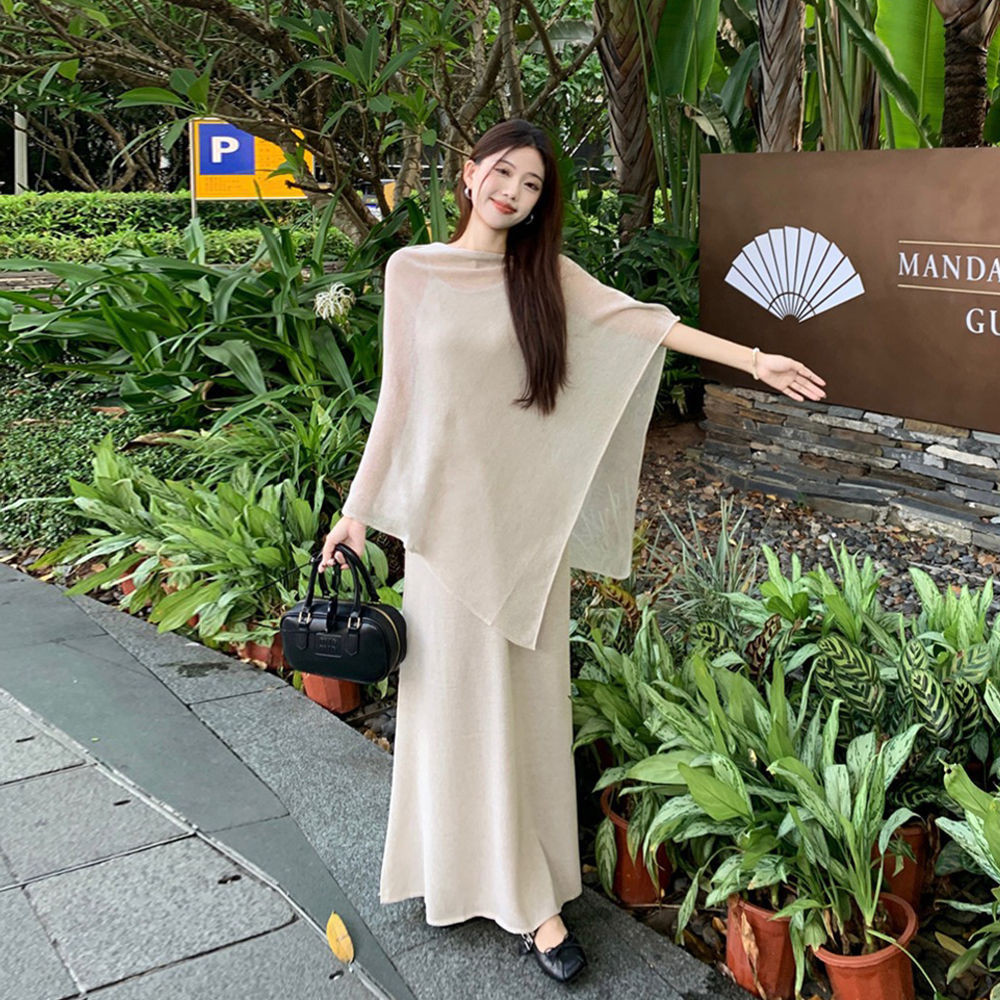 สูทผู้หญิงอารมณ์ฝรั่งเศสเสื้อ+สลิงชุดผิดปกติถักผ้าคลุมไหล่ชุดสองชิ้น