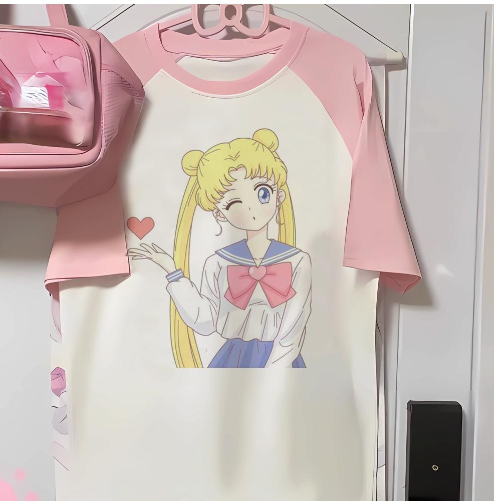 เสื้อยืดเซเลอร์มูนผู้หญิงฮาราจูกุญี่ปุ่น Y2K เสื้อยืดสาว 2000s เสื้อผ้า