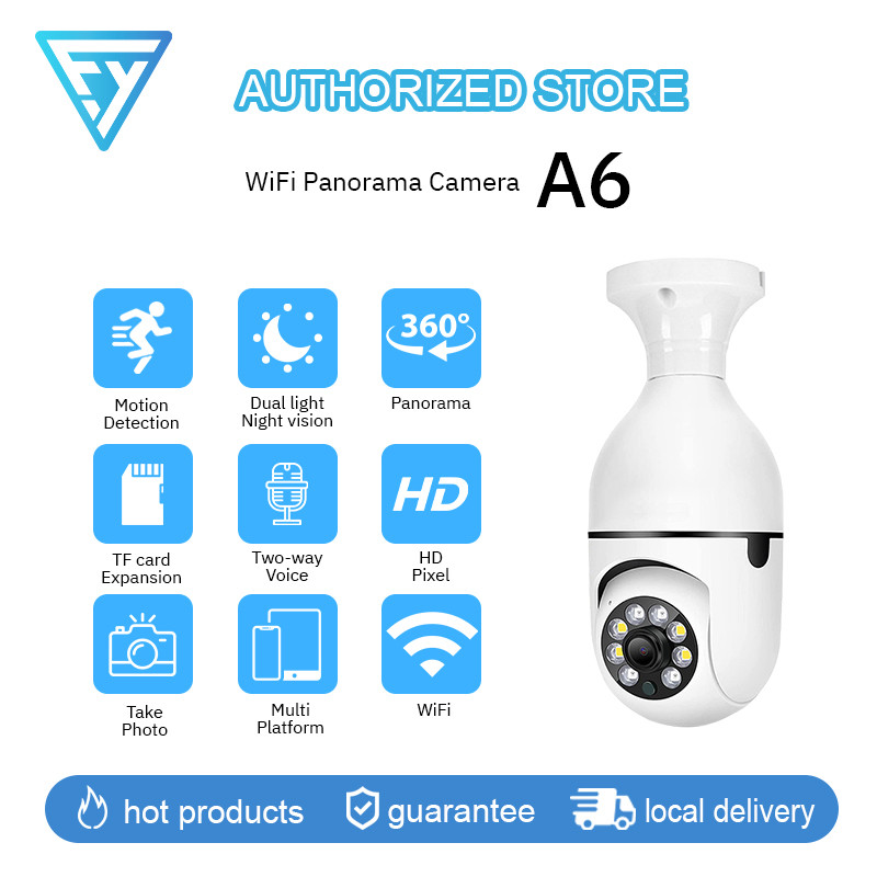 A6 กล้องหลอดไฟ 360° มองเห็นในเวลากลางคืนได้ HD ไร้สาย WiFi กล้องวงจรปิดไร้สาย camera