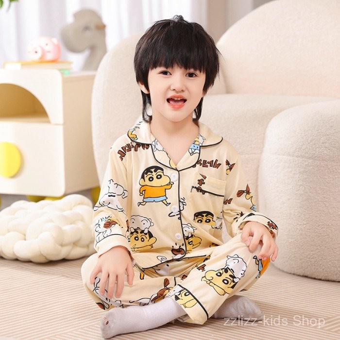 ชุดนอนเด็กชายเสื้อคาร์ดิแกนเด็กคอปกแขนยาวเด็กชายและเด็กหญิงชุดนอนผ้าฝ้ายเทียมชุดอยู่บ้านชุดนอนเด็ก