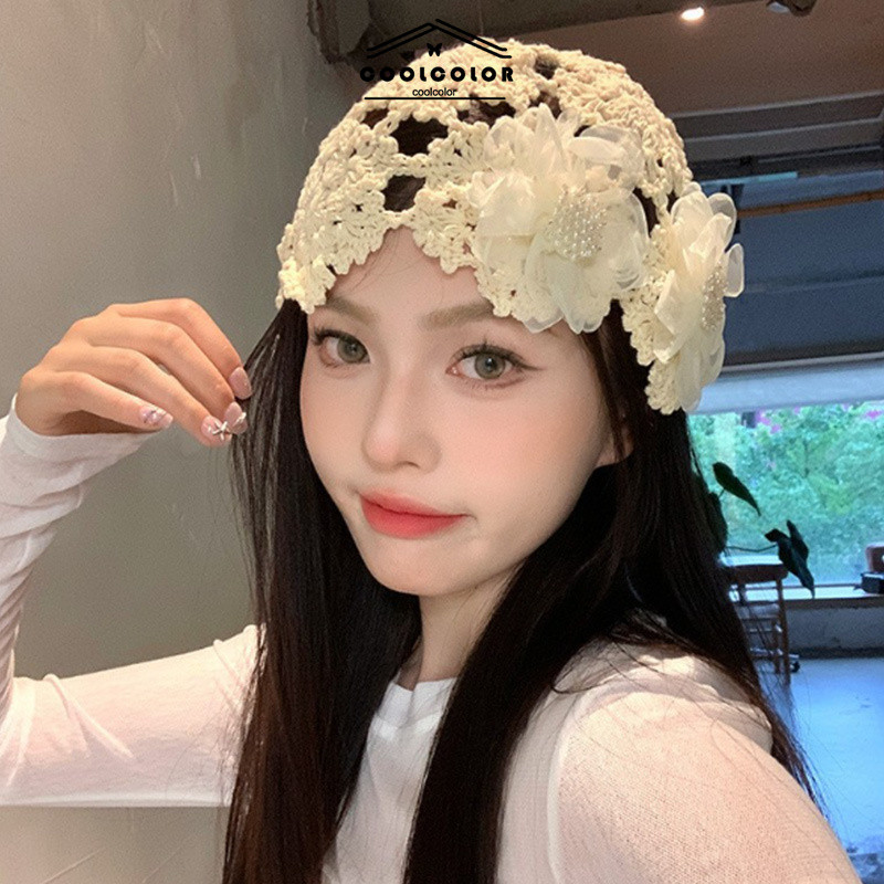 ในไทย หมวกเกาหลีบางโครเชต ์ Pile หมวกหญิงฤดูร ้ อนลูกไม ้ ดอกไม ้ Beanies หมวกcoolcolor.th