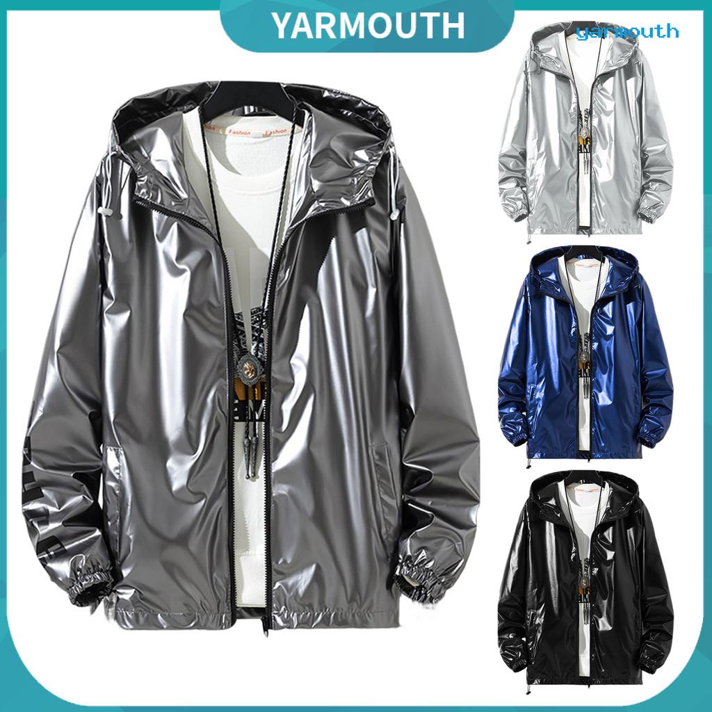 Yyr-men Shiny Glossy Coat Hooded แขนยาววัยรุ่นเสื้อปรับ Drawstrings Cuffed แขน Bright Surface Jacket