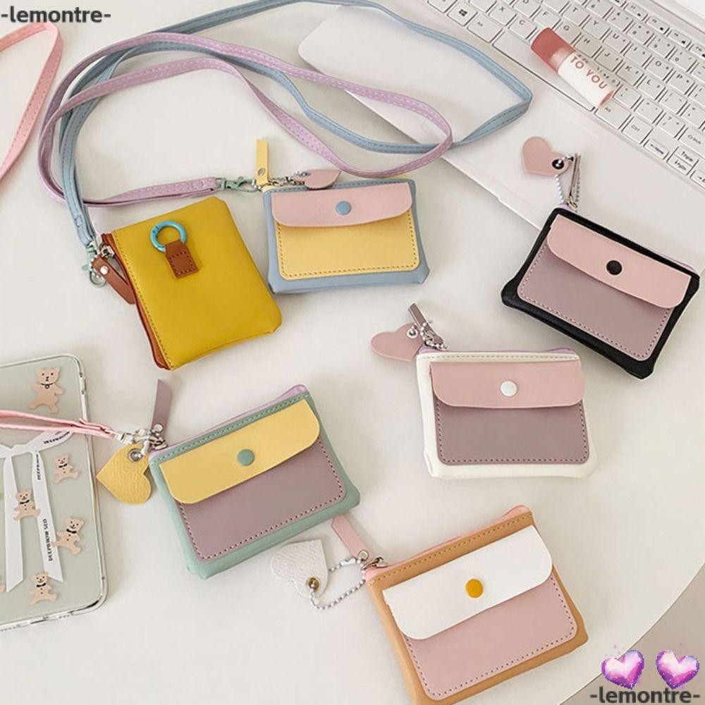 Lemontre กระเป๋าสตางค์ใบสั้น, กระเป๋าใส่เหรียญขนาดเล็กหนัง PU, พร้อมจี้เชือกคอแขวนกระเป๋าเงินกันขโมยผู้ชายผู้หญิง