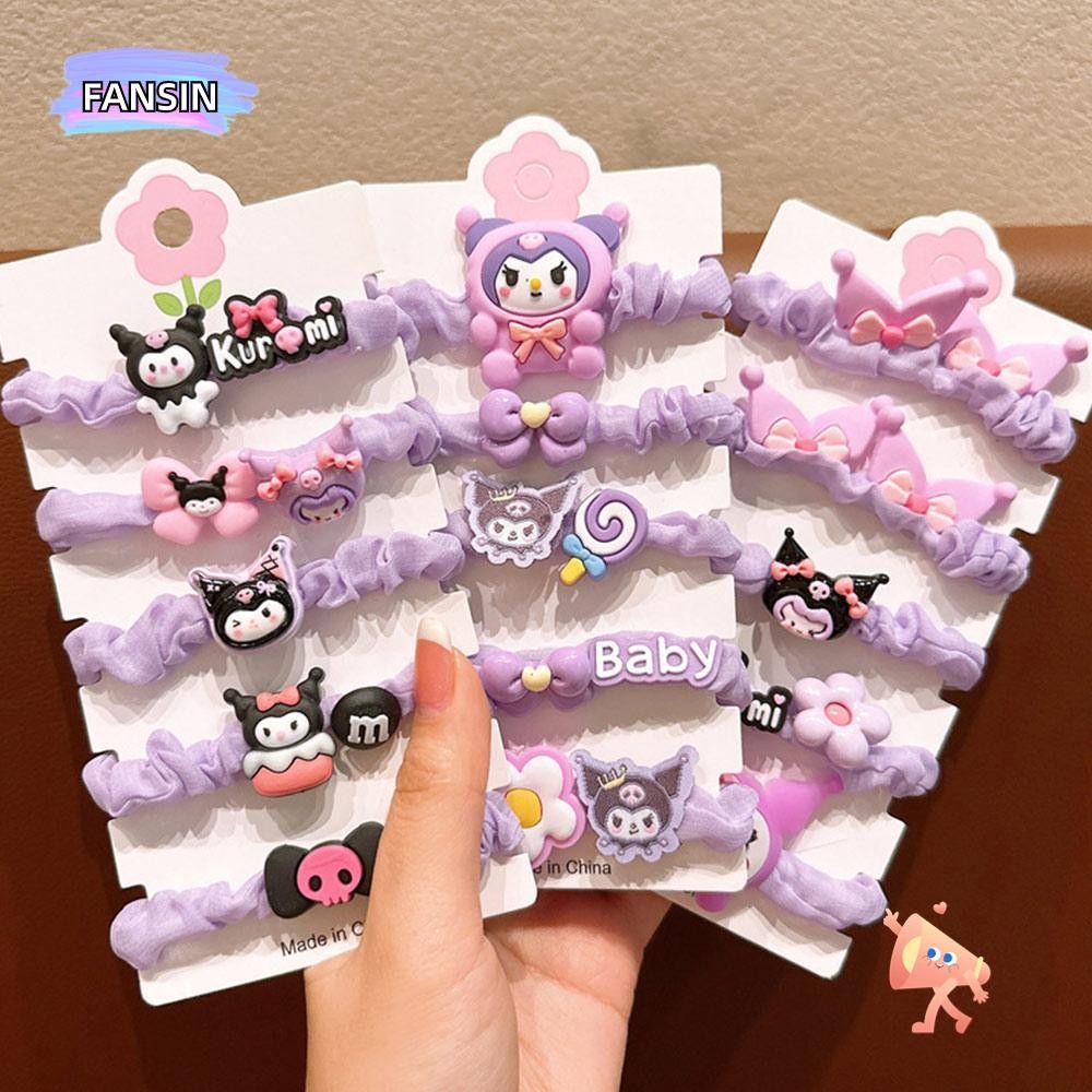 Fansin 5 ชิ้น/เซ็ตผูกผมแบบยืดหยุ่น,เชือกผมเด็ก Kuromi สีม่วง,ยางรัดผมน่ารักสําหรับผู้หญิงและเด็กผู้หญิง