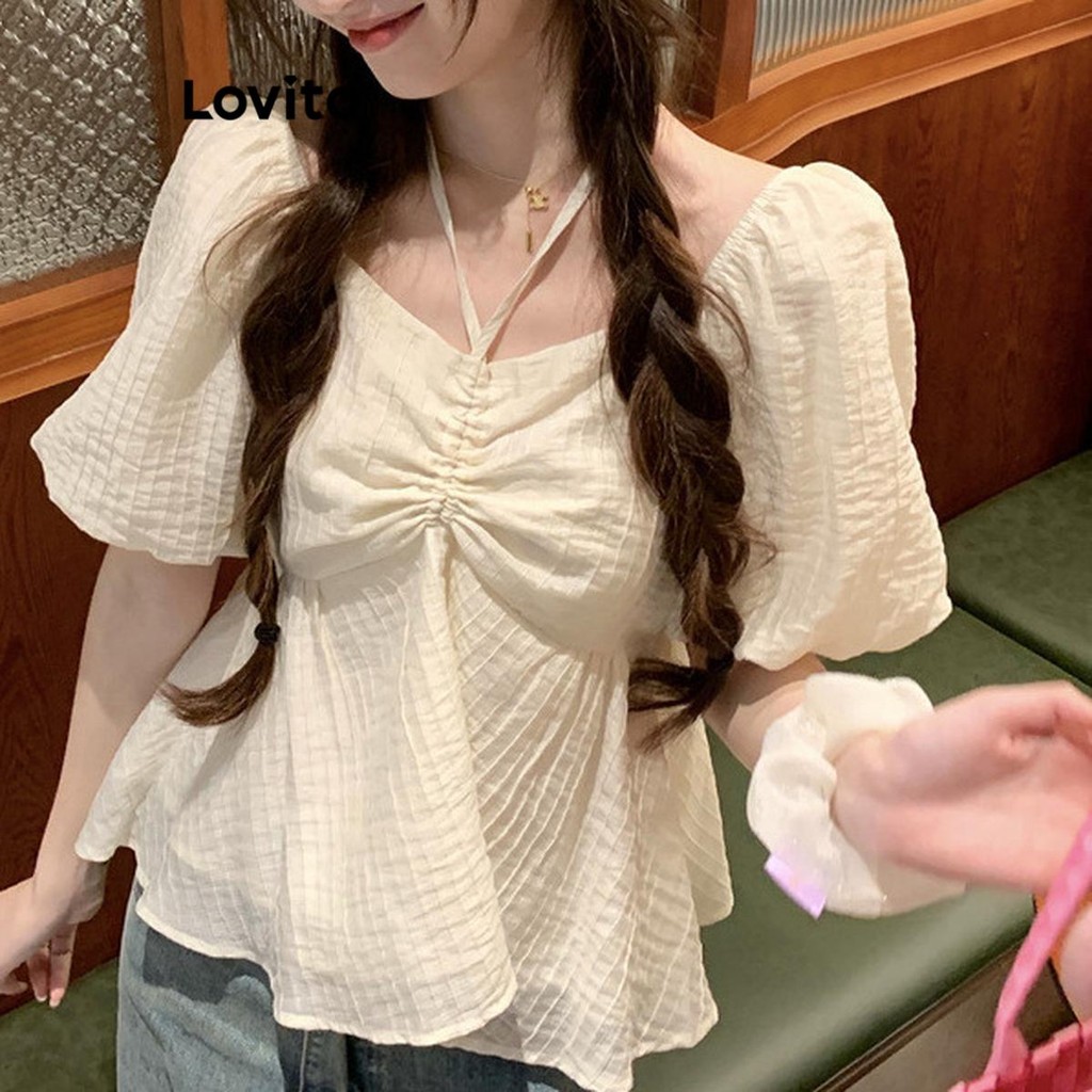 Lovito เสื้อเบลาส์จีบแบบลำลองสำหรับผู้หญิง LNM73167