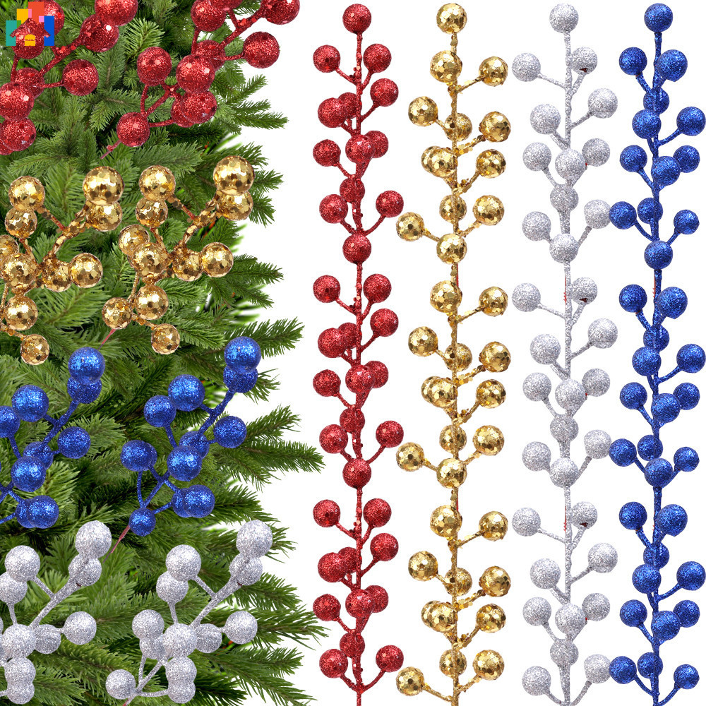 2 ชิ้นประดิษฐ์ Glitter ผง Berry Stems สําหรับพวงหรีดต้นคริสต์มาสตกแต่งโฟม Berries Picks DIY Craft Holiday Decor