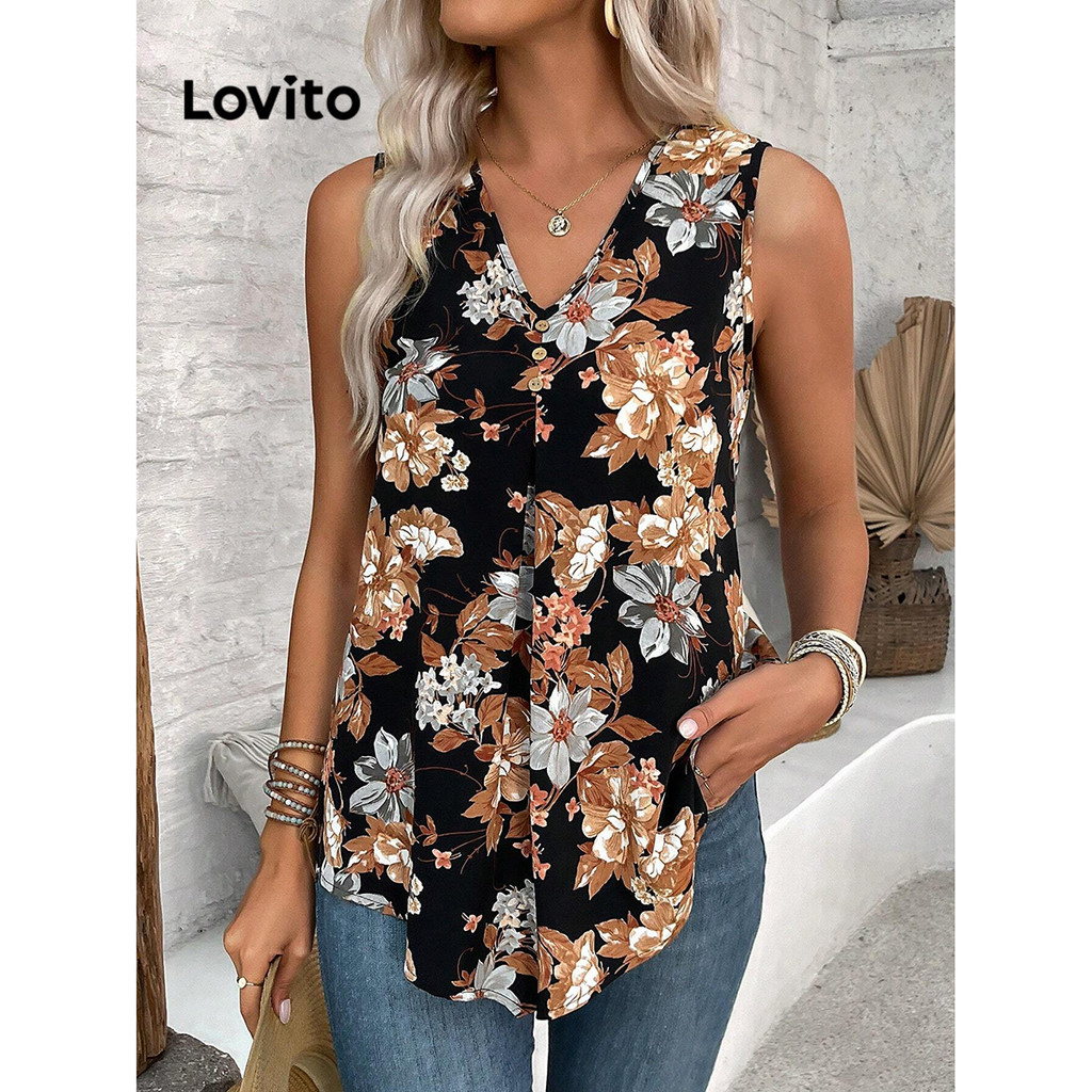 Lovito ปุ่มพืชโบโฮเสื้อกล้ามจีบสำหรับผู้หญิง LBL15285