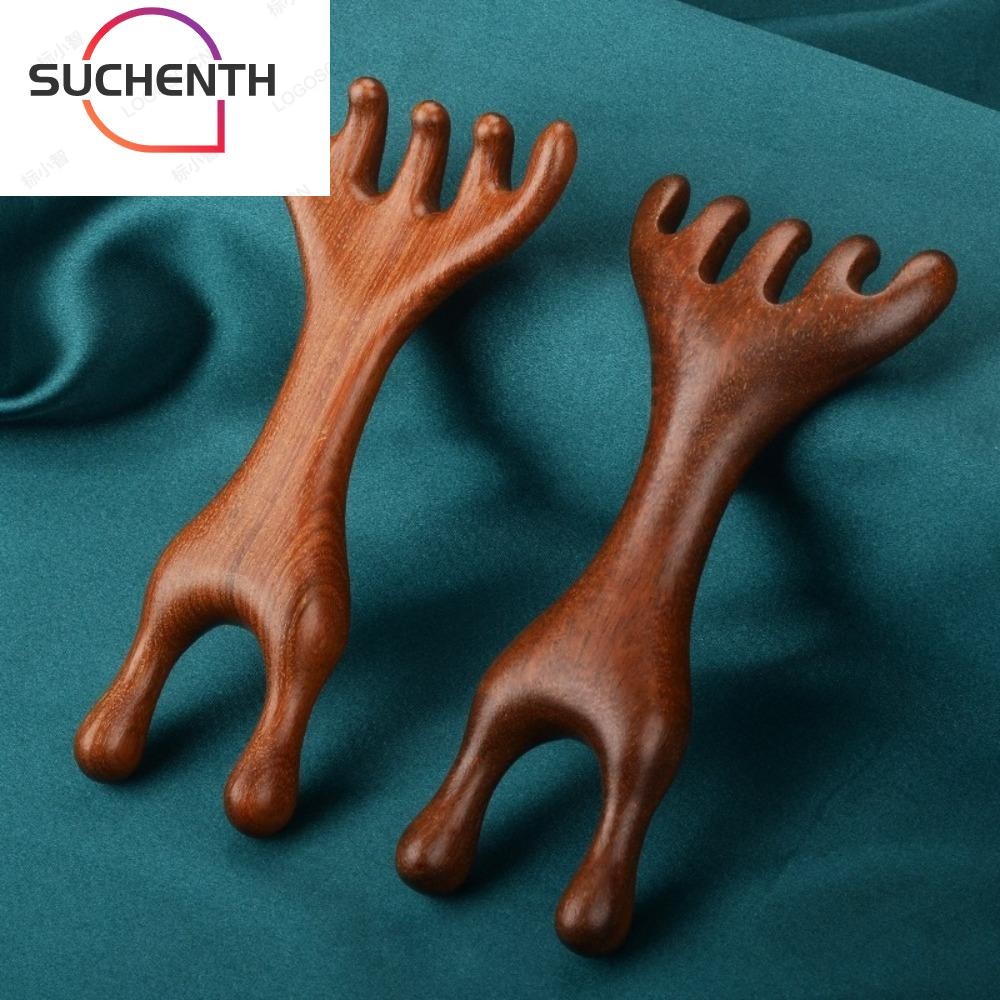 Suchenth 1 ชิ้น/2 ชิ้นไม้/เรซินบําบัดนวดหวี,คู่หัวไม้จันทน์ Body Meridian หวีนวด, Anti-static เครื่องมือกวาง Antlers ช่วยการไหลเวียนโลหิต Health Care