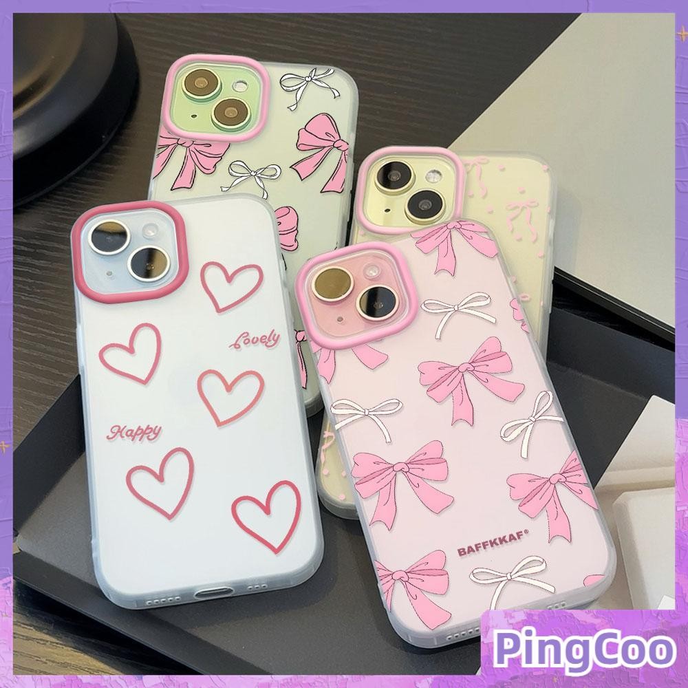 Pingcoo - เคสใส iPhone16 11 Pro Max iPhone เคส TPU นิ่มป้องกันรอยนิ้วมือแบบด้าน โบว์สีชมพูและหัวใจสีแดงขนาดใหญ่ Compatible With iPhone15 14 13 12 Pro max XS XR 7 8 Plus
