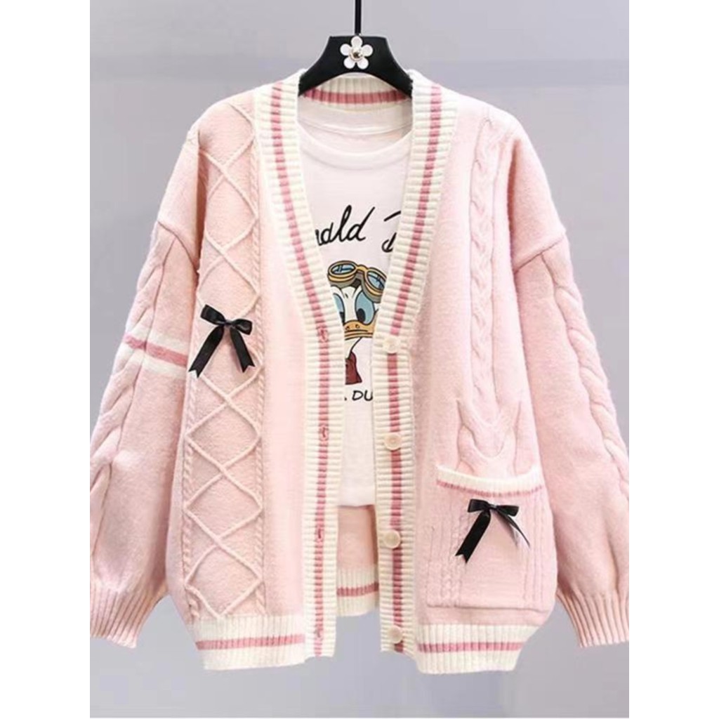 ญี่ปุ่นโบว์เสื้อกันหนาวแจ็คเก็ตผู้หญิงฤดูใบไม้ร่วงฤดูหนาวรูปแบบใหม่สไตล์ขี้เกียจหลวมออกแบบลดอายุถักการ์ด