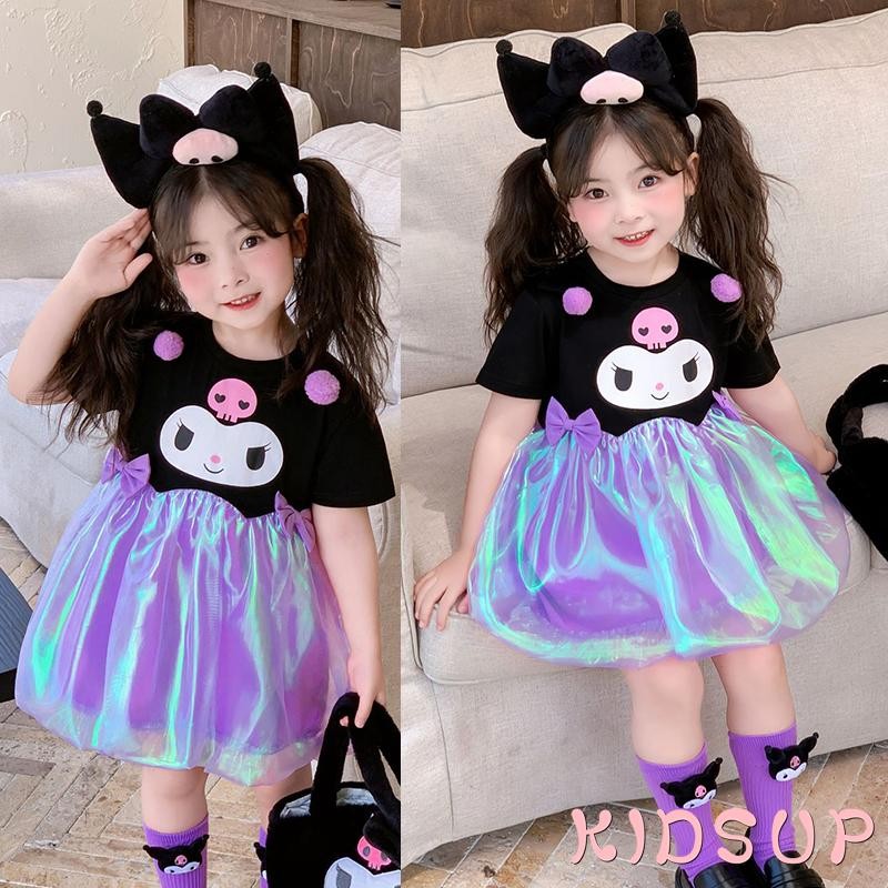 Kidsup1-ชุดเด็กผู้หญิงฤดูร้อนแขนสั้นรอบคอชุดเจ้าหญิงเด็กวัยหัดเดิน Holographic Bubble Hem Dress