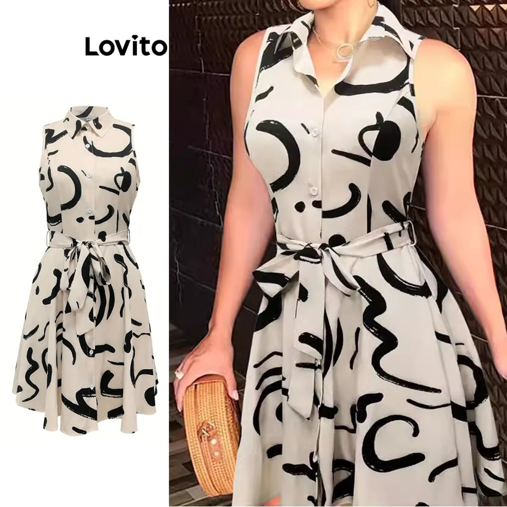 Lovito พลัสขนาดโค้งหรูหรา ดิทซี่ ดอกไม้พิมพ์ชุดสำหรับผู้หญิง LNL70130