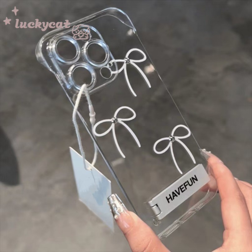 Iphone 16 15 14 13 12 11 Pro Max X Xr Xs Max 7 8 Plus SE2020 เคสโทรศัพท์ Simple Fresh White Bow + ขาตั้งโลหะปกแข็ง