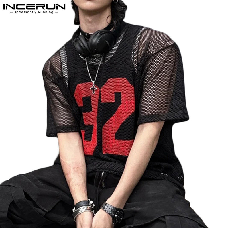 ไม่แน่นอน ผู้ชายเกาหลีลําลองคอกลมแขนสั้นตาข่ายเสื้อยืดพิมพ์ลายดิจิตอล