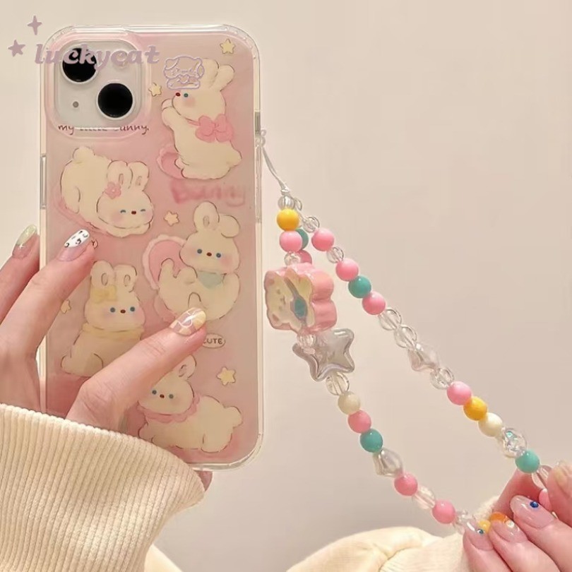 Iphone 16 15 14 13 12 11 Pro Max X Xr Xs Max 7 8 Plus SE2020 เคสโทรศัพท์หวานน่ารักดอกทิวลิปสีชมพูรูปแบบกระต่าย + Lanyard Clear Soft ฝาหลัง