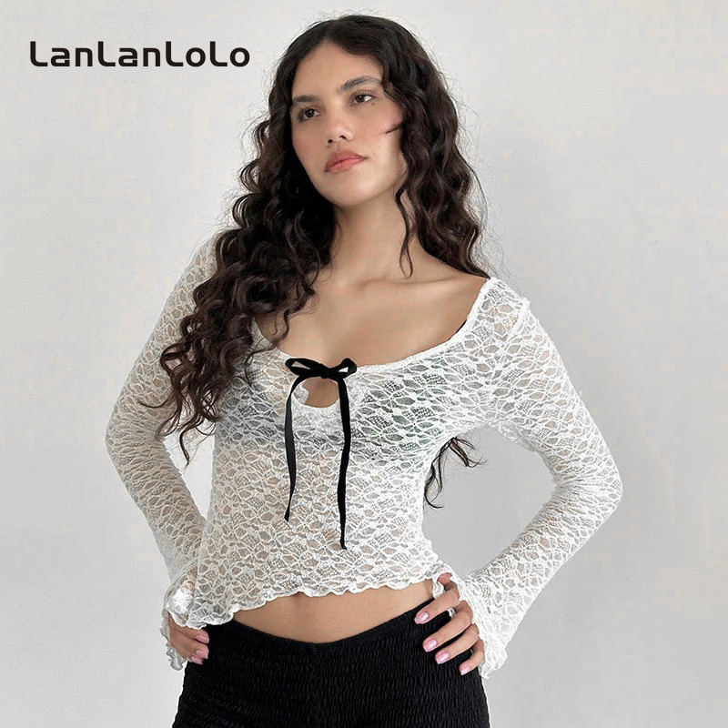 Lanlanlolo ผู้หญิง 2024 สีทึบ Lacing Slim Fit แฟชั่น Causal แขนยาวไม่สม่ําเสมอเสื้อยืด