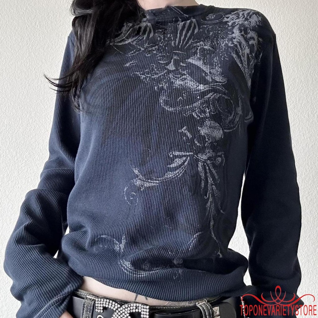 Topone-เสื้อยืดแขนยาวพิมพ์ลายย้อนยุคสําหรับผู้หญิง