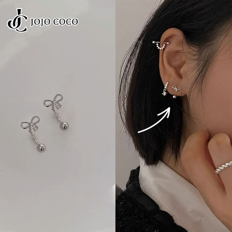 Jojo COCO 925 เงินเข็มสกรู Twist Buckle Bow Knot เจาะขนาดเล็กสตั๊ดต่างหู Simple Ear Bone Stud ต่างหู