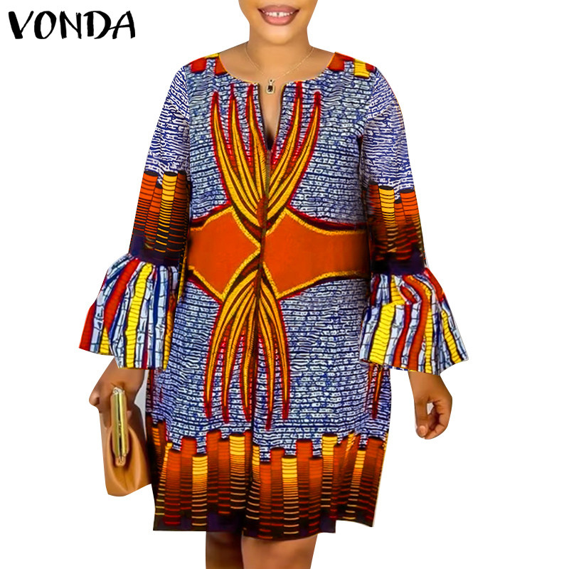 Vonda ชุดเดรสยาวถึงเข่าพิมพ์ลายคอกลมสําหรับผู้หญิงวินเทจ
