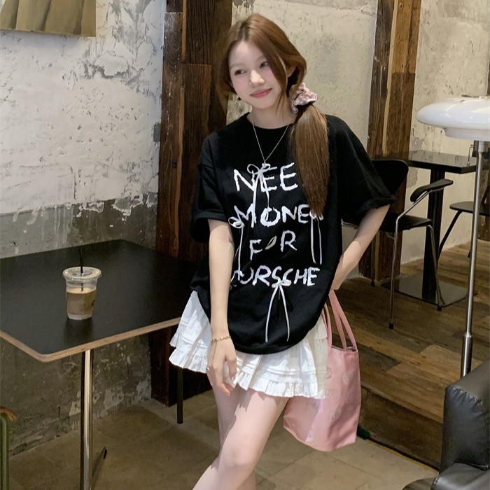 Luna Shop 🍒 เสื้อยืดทรงหลวม 🎇🎇 เสื้อแขนสั้นผูกโบว์อเนกประสงค์สไตล์เกาหลีลำลองและอ่อนโยนในสไตล์ขี้เกียจ - รูปที่ 5