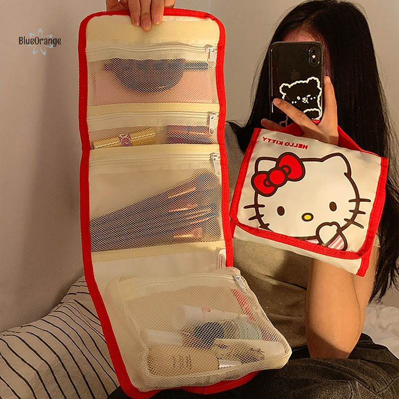 ใหม่ Sanrio Hello Kitty กระเป๋าเครื่องสําอางการ์ตูนน่ารักความจุขนาดใหญ่พับกระเป๋าเดินทาง Kawaii แบบพกพามือถือกระเป๋า hot