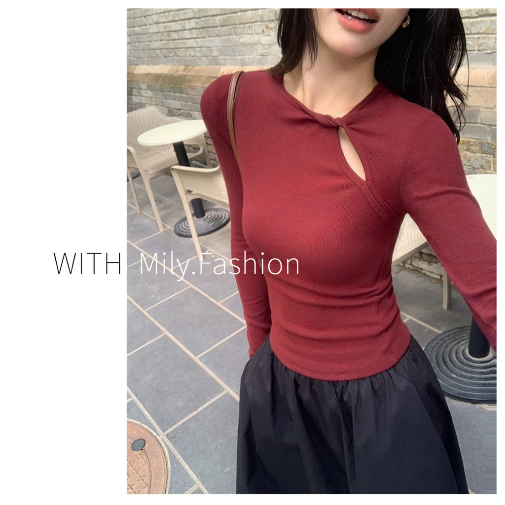 Milyfashion ใหม่ฉลุลายเสื้อยืดแขนยาวเข้ารูปใส่แล้วดูผอมเรียบหรูใส่ในฤดูใบไม้ร่วงและฤดูหนาวเสื้อสาวฮอตเซ็กซี่