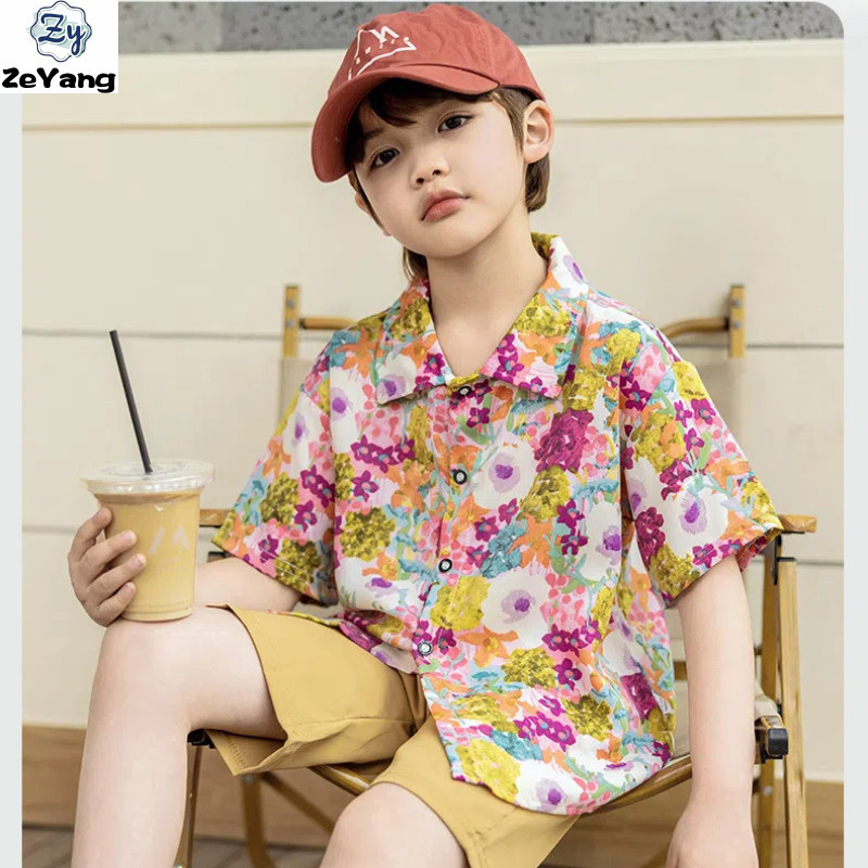 [ZY] 90-160 Ready Stock Children Casual Shirt Lapel Shirt Fashion Short Sleeve T-Shirt Baby Cartoon T-Shirt Full Print T-Shirt All-Match Top